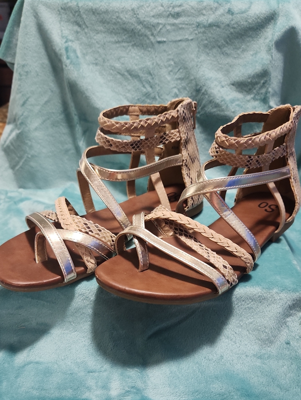 SO Metallic Beige Braided Gladiator Sandals